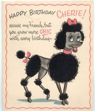 Vtg Happy Birthday Card Cherie Chic Pink French Poodle Flocked Unused 1960s picture