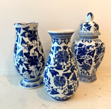 Vintage Set of 2 Blue & White Chinoiserie Ceramic Flower Vases and 1 Ginger Jar picture
