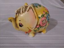 VTG  1968 Japan Ceramic Yellow Elephant  Coin Bank Still Pink Flowers  picture