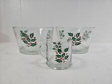 Vtg Indiana Glass Co Holly Berry Set Of 2 Glass Bowls & 1 Mug Holiday Christmas  picture