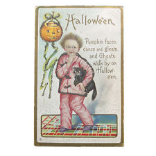 Antique Halloween Postcard • Scared Kid & Cat in Pajamas • Series 226 E picture