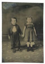 Adorable Frowning Girl Holding Hand w/Boy 1870 Cute Children Tintype Photo Kids picture
