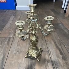 Antique Ornate Heavy Brass 3 Arm Candelabra -4 Candle Stick Holders Nice Patina picture