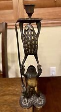 Vintage Brass Verdigris Balancing Frogs Toads Lily Pad Candlestick Holder picture