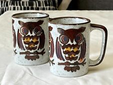 Vintage Pair OTAGIRI Style Speckled Stoneware Perched Owls Coffee Mugs picture