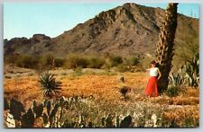 Pretty Girl in Red Skirt Posing in Blooming Wildflower Desert Vintage  Postcard picture