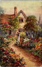 Vintage Tuck's Oilette Cottage Garden Woman Holding Watering Can 1918 # 8463 picture