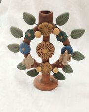 Vntg Tree of Life Clay Candelabra Mexican Folk Art Candle Holder Birds Flowers picture