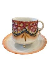 Antique Exquisite Applied Clams Shells Footed Pink Blue Tea Cup Saucer Scallop picture