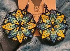 Huichol Beaded Earrings Mexican Folk Art Handmade Medallion Peyote Flower Star picture