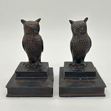 Vtg Cast Metal OWL Bookends In Detailed Bronze Finish Sitting On 2 Books 6