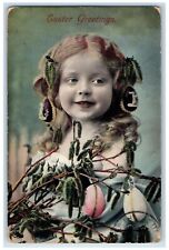1908 Easter Greetings Little Cute Girl Cattail Hanging Eggs Antique Postcard picture