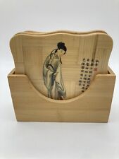 Vintage Bamboo Japanese Ladies Coaster Set - 6 Coasters 1 Holder EUC picture