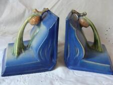 ANTIQUE ROSEVILLE ART POTTERY Pine Cone BLUE BOOKENDS  #4598 1935 MID-CENTURY picture