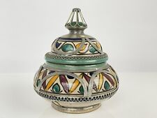 Old Moroccan Ceramic Lidded Jar Metal filigree Design 20th Century Signed picture