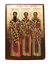 Greek Russian Orthodox Handmade Wooden Icon Three Hierarchs 19x13cm picture