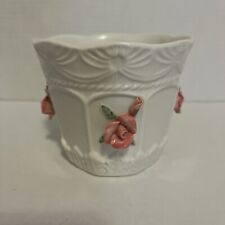 Vintage White Bloom Rite Planter W/Pink Porcelain 3D Rose Buds 4.25” x 5” picture