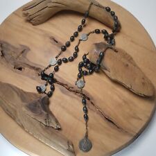 Estate 7 Sorrows of Mary Rosary Black Wood Bead Medal Mater Dolorosa Necklace picture