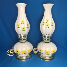 VTG Hand Painted Ribbed Electric Hurricane Lamps W/ Floral Motif 16