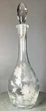 Vintage Toscany Etched Floral Clear Glass Hand Made Decanter w/Stopper Romania picture