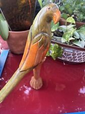 Vintage Wooden Parrot on Perch Hand Carved Painted Tropical Sculpture picture