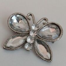 Silvertone Butterfly Faux Crystal Wings Lapel Brooch Pin picture