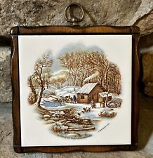 Vintage Currier & Ives Ceramic Wall Hanging, Home In the Wilderness Tile on Wood picture