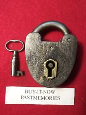 1850's DOUBLE CHAMBER 2 LEVERS WROUGHT IRON PADLOCK w/ KEY, VINTAGE ANTIQUE LOCK picture