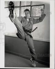 1991 Press Photo Kevin Sullivan Shows Karate Kick at Sullivan's Karate, Winsted picture