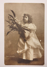 TWO LILIES Antique 1908 Little Girl with Lilies Postcard Cancel Stamp Sheahans picture