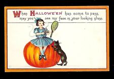 Early 1900's James E. Pitts Halloween Postcard Girl Sitting on a Pumpkin/Cat picture