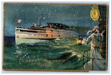 1917 Happy New Year Old Man Lantern Steamer Ship Posted Antique Postcard picture