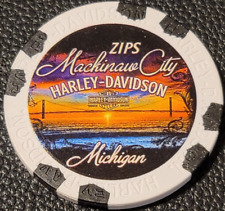 ZIP'S MACKINAW CITY HD ~ (White/Blk Wide Print) Harley Davidson Poker Chip picture