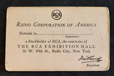 Vintage RCA Radio Stockholder's Card Exhibition Hall Radio City New York 1930s? picture