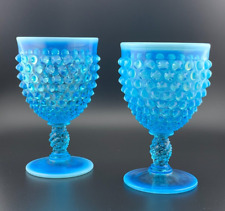Fenton Blue Opalescent Hobnail Glass Goblets Pair 5 1/2