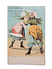 1885 ROLLER SKATING TRADE CARD Chas E Davis Boots & Shoes Worcester MA Victorian picture