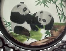 Chinese Silk Panda Bears Shu Embroidery Double-Sided Framed VTG Vintage picture