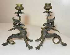 pair of antique 1800's dragon griffin ornate bronze candlesticks candle holders picture