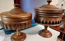 Vintage Pair Of Compotes With Lids. MCM Retro Beautiful Carved Design EX Conditi picture