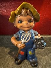 Vintage Atlantic Mold Ceramic Smiling Boy Farmer Figure Pitch Fork Prize Pig picture
