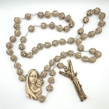 Vtg 86”Roman Large Wall Hanging ROSARY Carved Resin Crucifix & Mary/Baby Jesus picture