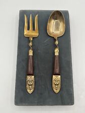 VTG Siam Serving Spoon & Fork Set Brass W/Oartial Wood Handle  picture