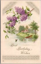 1910s HAPPY BIRTHDAY Postcard Purple Flowers / House Scene / Lake STECHER 13F picture