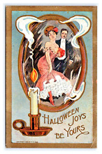 Halloween Joy Be Yours Embossed TR Halloween Postcard Woman,man Mirror Candle picture
