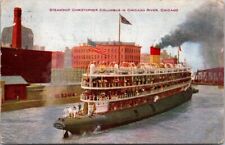 Chicago River IL Illinois Steamship Christopher Columbus VTG Postcard PM 1910 picture