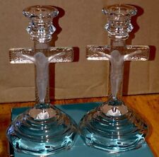 Beautiful Pair Vintage Mckee Glass Jesus Crucifixion Candleholders ￼nice picture