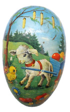 Vtg German Large Paper Mache Easter Egg Candy Container Grass Inside Lamb Chicks picture