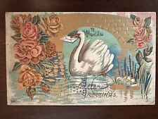 Vintage 1910 Easter Greetings Postcard White Swam  Letter in Mouth Roses H113 picture