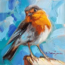 Robin bird oil painting original turquoise miniature artwork 4x4 small art picture