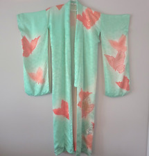 Hand-Painted Vintage Furisode Kimono Green Butterfly Embroidery Hand Sewn Lined picture